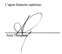 Signature de Arun Thangaraj, L'agent financier supérieur