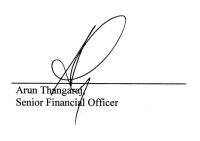 Signature of Arun Thangaraj, Senior Financial Officer