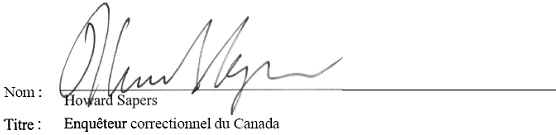 Signature de Howard Sapers, Enquteur correctionnel du Canada