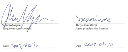 Signatures de Howard Sapers, Enqutuer correctionnel et Mary-Anne Ruedl, Agent principal des finances