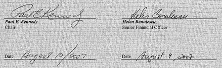 Signatures of Paul E. Kennedy, Chair and Helen Banulescu, Senior Financial Officer