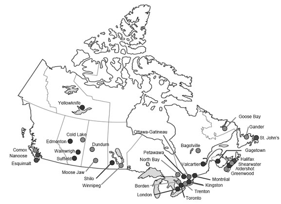 Figure 4 : Bases et escadres des FC coimplantes avec des centres de services civils au Canada