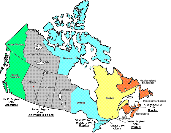 Map of PBC offices across Canada. National Office, Ottawa; Atlantic Regional Office, Moncton; Quebec Regional Office, Montreal; Ontario/Nunavut Regional Office, Kingston; Prairies Regional Office, Edmonton and Saskatoon; Pacific Regional Office, Abbottsford.