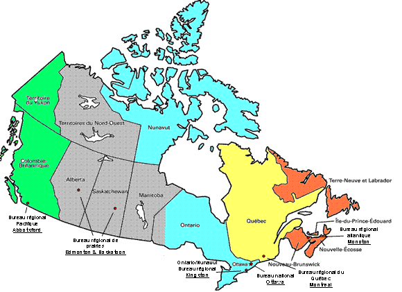 Carte des bureaux de la CNLC à travers le Canada. Bureau national, Ottawa; Bureau régional atlantique, Moncton; Bureau régional du Québec, Montréal; Bureau régional de l’Ontario/Nunavut, Kingston; Bureau régional de prairies, Edmonton et saskatoon; Bureau régional du Pacifique, Abbottsford 