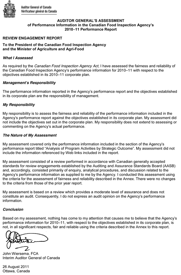 Auditor General’s Assessment of Performance Information in the Canadian Food Inspection Agency’s 2010–11 Performance Report - Page 1