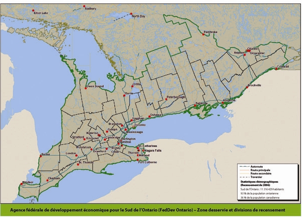 Carte des 37 divisions de recensement du sud de l'Ontario dfinies par Statistique Canada