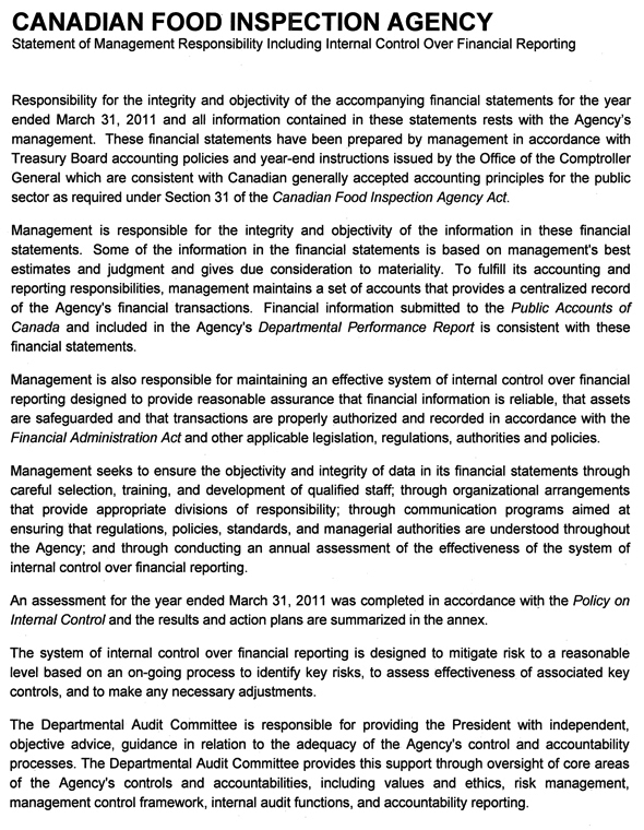 Statement of Management Responsibility Including Internal Control Over Financial Reporting - Page 1 of 2