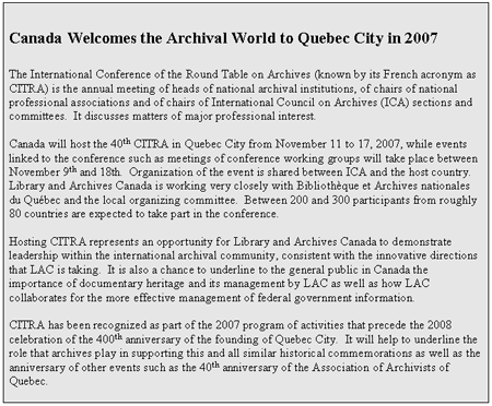 Canada Welcomes the Archival World to Quebec City in 2007
