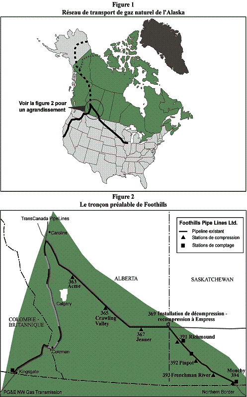 Figure 1: Réseau de transport de gaz naturel de l'alaska et Figure 2: Le tronçon préalable de foothills