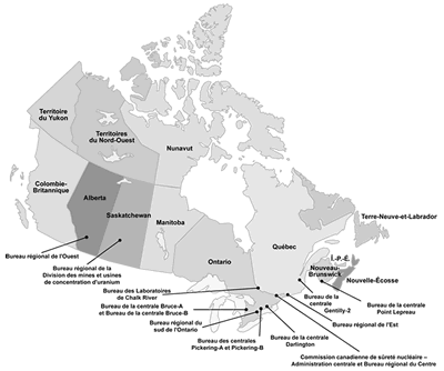 Ce diagramme indique les endroits où la CCSN a établi des bureaux ou installations au Canada.