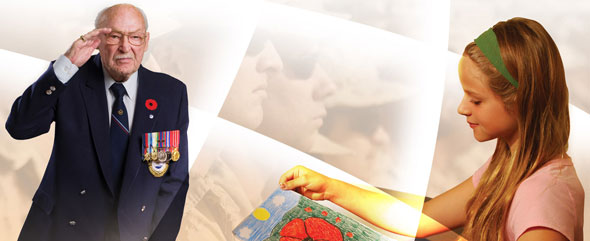 Affiche de la Semaine des anciens combattants 2009 : Anciens combattants traditionnels; membres des Forces canadiennes et jeune fille qui regarde le dessin d'un coquelicot.