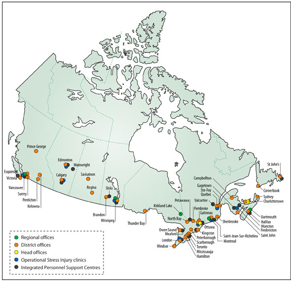 A map of Canada with dots showing the location of the regional, district and head offices, as well as operational stress injury clinics and integrated personnel support centres.