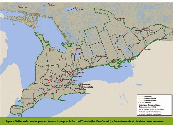 Carte du Sud de l'Ontario, comprenant les 37 divisions de recensement établies par Statistique Canada