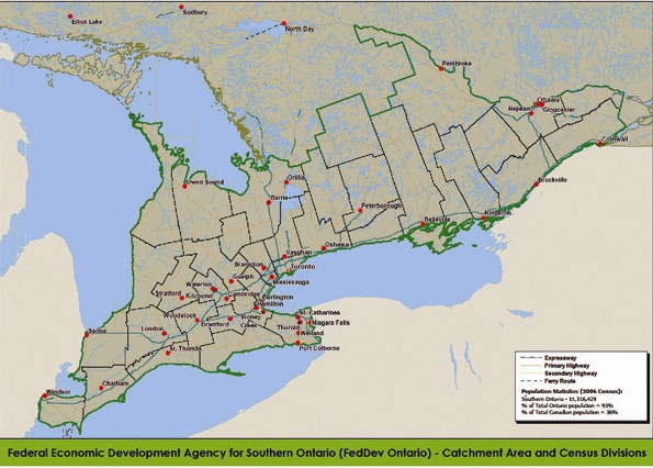 Map of Southern Ontario defined by the 37 Statistics Canada census divisions