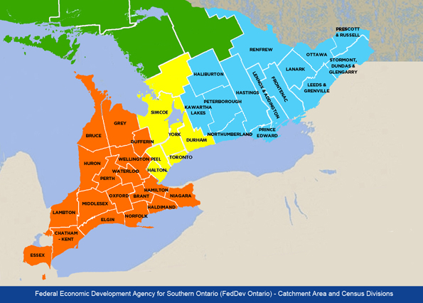 Map of Southern Ontario defined by the 37 Statistics Canada census divisions