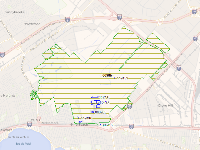 Une carte de la zone qui entoure immédiatement le bien de l'RBIF numéro 06985