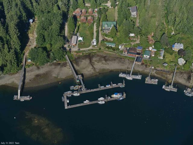 Image aérienne du port de Bamfield West du port des petits bateaux, en Colombie-Britannique