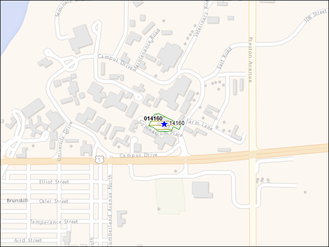 Une carte de la zone qui entoure immédiatement le bâtiment numéro 014160