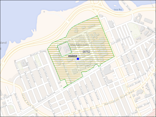 Une carte de la zone qui entoure immédiatement le bâtiment numéro 050059