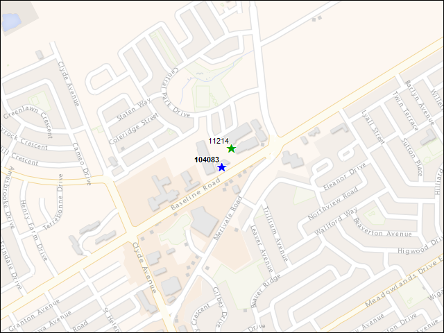 Une carte de la zone qui entoure immédiatement le bâtiment numéro 104083