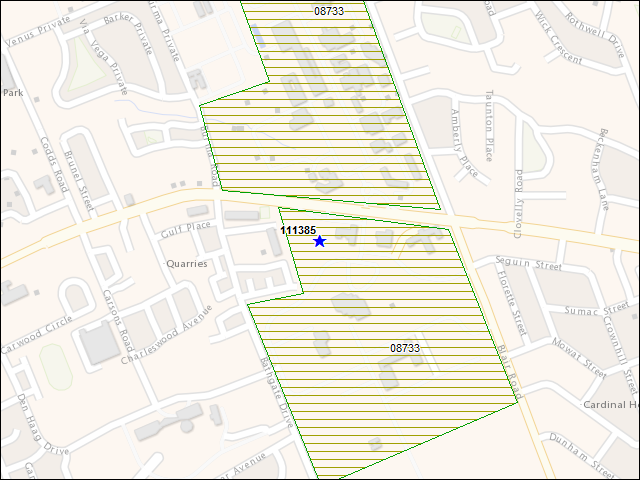 A map of the area immediately surrounding building number 111385