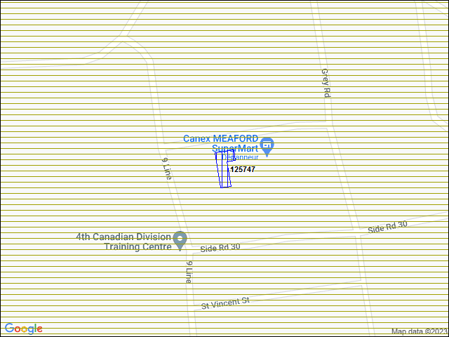 Une carte de la zone qui entoure immédiatement le bâtiment numéro 125747