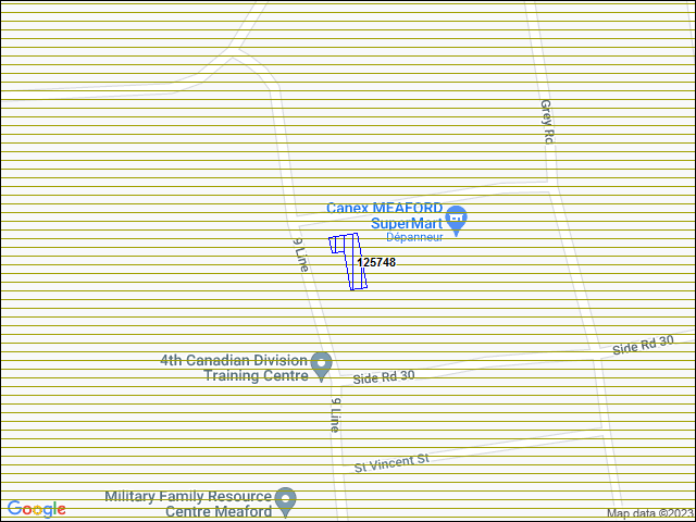 Une carte de la zone qui entoure immédiatement le bâtiment numéro 125748