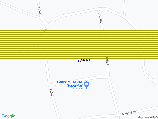 Une carte de la zone qui entoure immédiatement le bâtiment numéro 128474