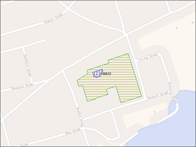 Une carte de la zone qui entoure immédiatement le bâtiment numéro 130533