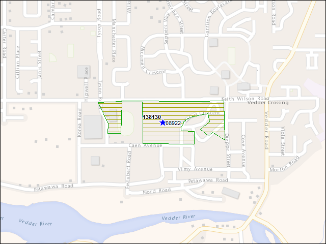 Une carte de la zone qui entoure immédiatement le bâtiment numéro 138130
