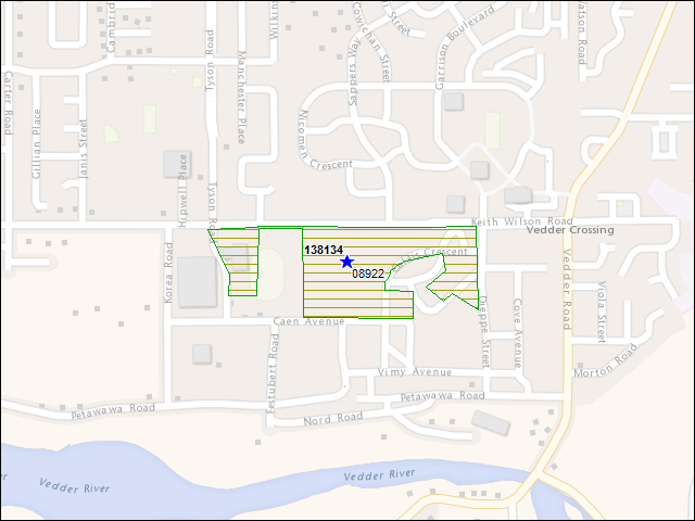 Une carte de la zone qui entoure immédiatement le bâtiment numéro 138134