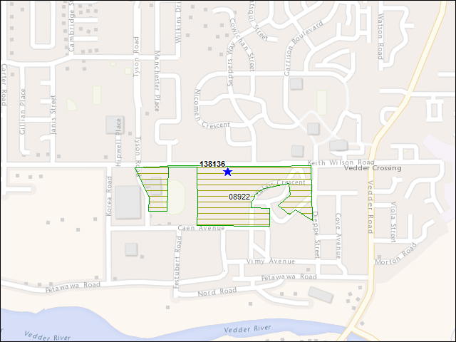 Une carte de la zone qui entoure immédiatement le bâtiment numéro 138136