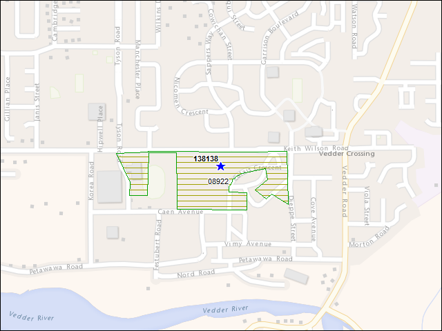 Une carte de la zone qui entoure immédiatement le bâtiment numéro 138138