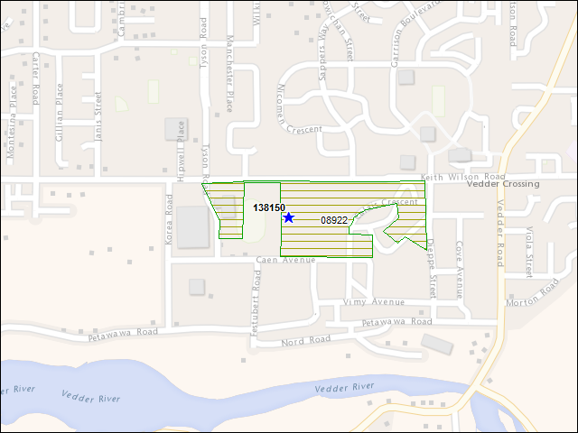 Une carte de la zone qui entoure immédiatement le bâtiment numéro 138150