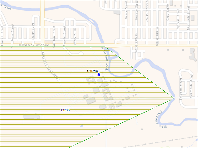 A map of the area immediately surrounding building number 150714