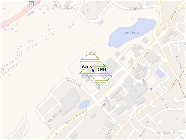 Une carte de la zone qui entoure immédiatement le bâtiment numéro 152455