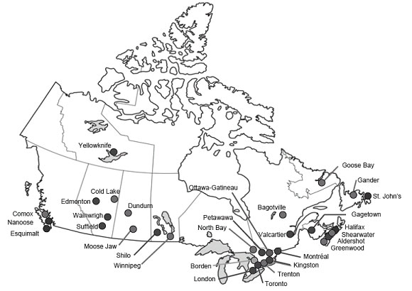 Figure 4: CF Bases and Wings co-located with civilian service centres across Canada