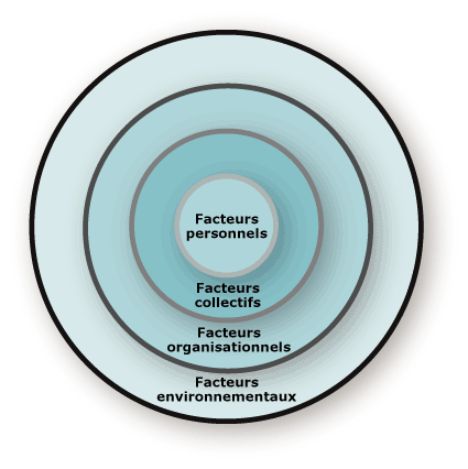 Image de cercles intgrs reprsentant diffrents facteurs de gestion des risques.
Du cercle le plus a l'intrieur au cercle extrieur les facteurs sont: personnels,
collectifs, organisationnels, et environnementaux.