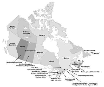 This diagram presents the locations of CNSC offices, installations, and facilities across Canada.