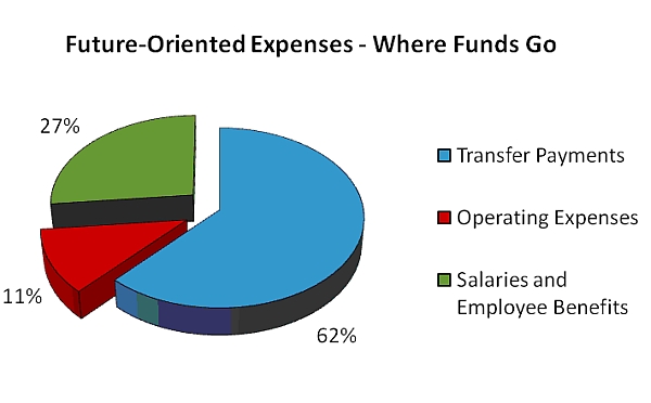 Titled “Future–Oriented Expenses – Where Funds Go,” this pie chart illustrates the percentage of funding allocated to transfer payments, operating expenses, and salaries and employee benefits.