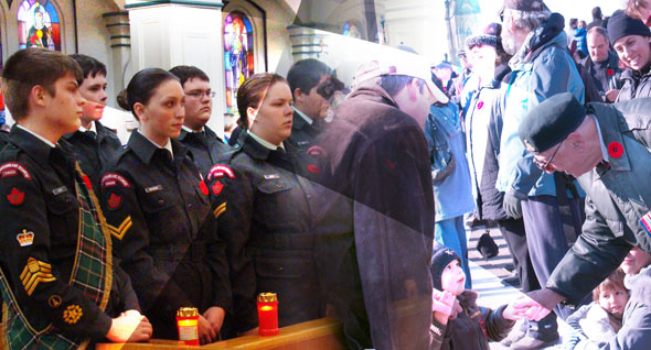 Activités commémoratives : Cadets lors d'une cérémonie à la chandelle; anciens combattants et jeunes enfants lors d'une cérémonie du Souvenir