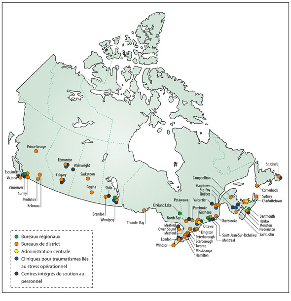 Une carte du Canada avec des points indiquant les bureaux regionaux, de district et l'Administration centrale ainsi que les cliniques pour traumatismes liés au stress opérationnel et les centres intégrés de soutien du personnel.