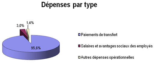 Dépenses par type : Paiements de transfer, Salaries et avantages sociaux des employés et Autres dépenses opérationnelles